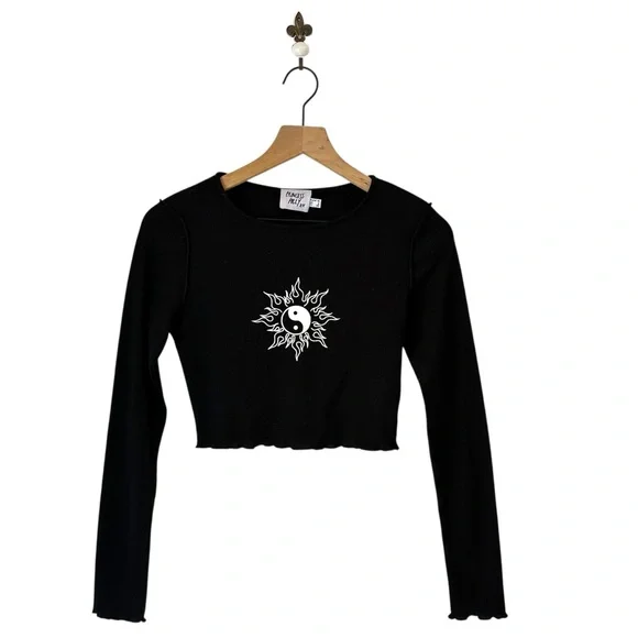 Princess‎ Polly Black Ying Yang Long Sleeve Crop Top Size 6 Ribbed Exposed Seam - Picture 2 of 7